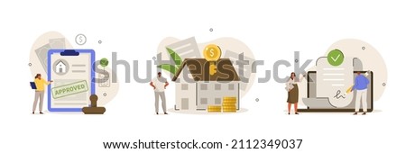 Mortgage process illustration set. People buying property with mortgage.  Characters getting bank approval, signing contact and legal documents and receiving house keys. Vector illustration. Royalty-Free Stock Photo #2112349037