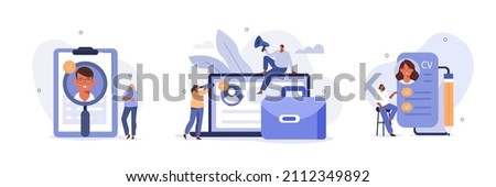 Hiring illustration set. Hr managers searching potential job candidates and analyzing CV. Character applying for work position. Job recruitment process concept. Vector illustration. Royalty-Free Stock Photo #2112349892