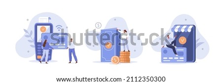 Payment methods illustration set. Characters paying with credit card, cash with banknotes and online by electronic bank transfer. Cash and electronic payments concept. Vector illustration. Royalty-Free Stock Photo #2112350300