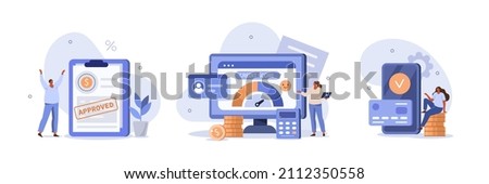 Credit approval illustration set. Characters with good credit score receiving loan approval from bank. Personal finance concept. Vector illustration. Royalty-Free Stock Photo #2112350558