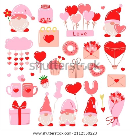 Set of Valentine's Day elements: leprechaun, heart shape, balloons, envelopes. Suitable for scrapbooking, greeting cards, party invitations, gift tags.