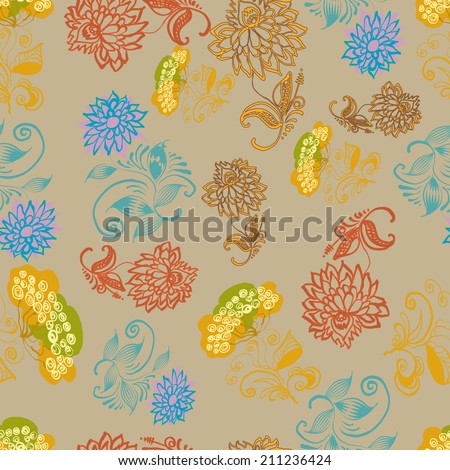 Seamless pattern from flowers and leaves. The seamless vector pattern made of flowers and leaves. Flower seamless illustration.