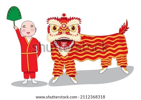 Red golden Chinese lion dance and happy big head monk with fan symbols of Chinese new year or Chinese celebration drawing in cartoon vector