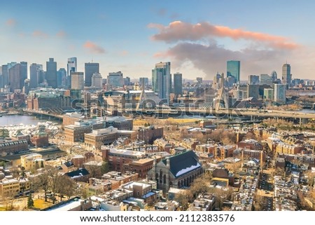 Downtown Boston city skyline  cityscape of Massachusetts in United States at sunset