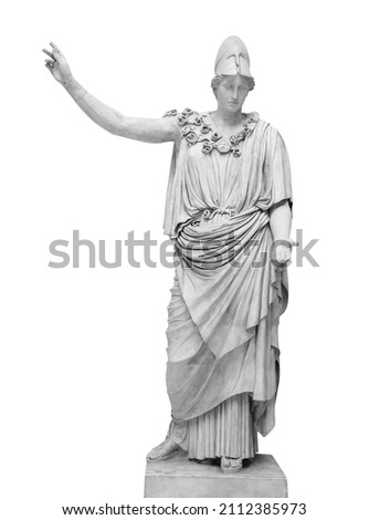 Ancient Greek Roman statue of goddess Athena god of wisdom and the arts historical sculpture isolated on white with clipping path Royalty-Free Stock Photo #2112385973