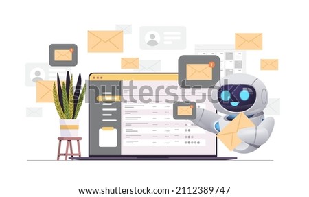 modern robot sending or receiving letters email inbox message notification artificial intelligence technology Royalty-Free Stock Photo #2112389747