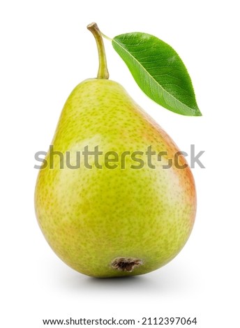 Pear isolated. Green pear with leaf on white background. With clipping path. Full depth of field.  Royalty-Free Stock Photo #2112397064