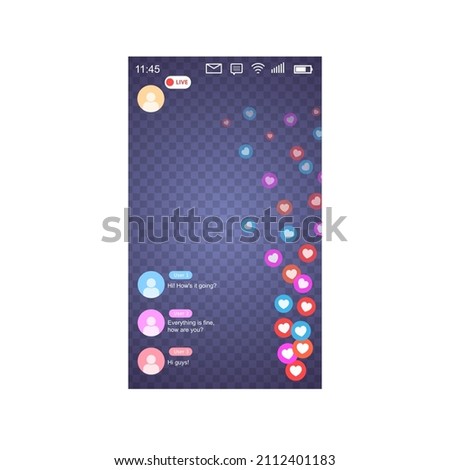 Mockup of mobile app with live like streaming. Interface photo frame design social media application network post template with flying multicolored hearts. Vector illustration for video chat, ui, web. Royalty-Free Stock Photo #2112401183