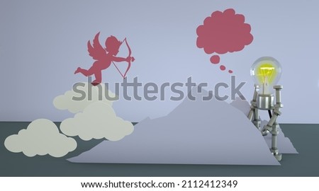 Cupid holds an arrow with a shadow on a blue background between mountains over clouds with copy space. Robot between mountains. Paper art style 3d render