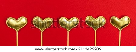Banner for valentines day with hearts on red background. 14th February, love, greeting concept, top view and copy space