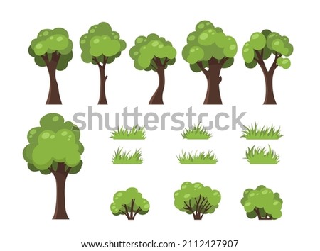 Trees, bushes and grass. Isolated image of forest nature. Wooden plant in cartoon style. Park elements set. Illustration