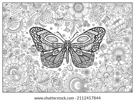hand drawn ink doodle butterfly and flowers on white background. design for adults, poster, print, t-shirt, invitation, banners, flyers. sketch. 