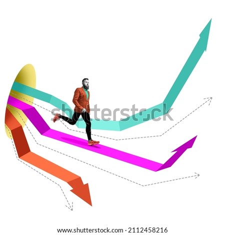 Color charts and trends with a running businessman. Art collage.