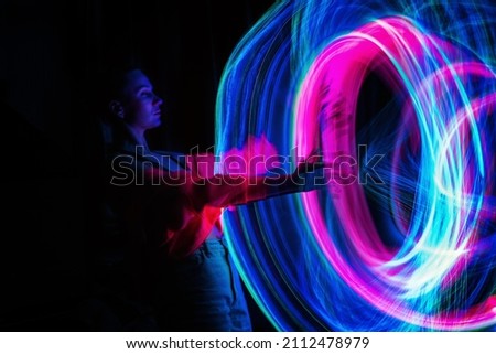 Metaverse digital Avatar, Metaverse Presence, digital technology, cyber world, virtual reality, futuristic lifestyle. Woman in augmented reality, NFT game with neon blur lines Royalty-Free Stock Photo #2112478979