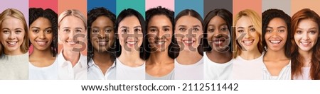 Cheerful women various nationalities and ages posing on colorful studio backgrounds, collage for feminine beauty concept, panorama. Attractive multiracial females smiling at camera, set of portraits Royalty-Free Stock Photo #2112511442
