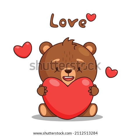 Cute cartoon baby bear with red heart sitting and saying love. Element for print, postcard and poster. Vector illustration