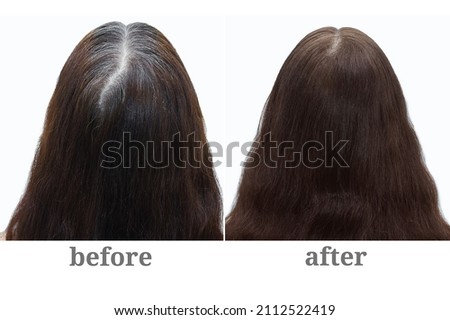 Gray hair on the crown of a woman's head. Hair coloring. Before and after. Royalty-Free Stock Photo #2112522419