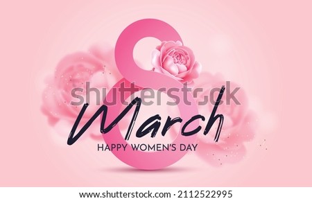 Greeting card for International Women's Day (March 8).Pink number 8 with roses on a pink background with an inscription. Royalty-Free Stock Photo #2112522995