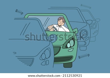 Traffic jam and road situation concept. Confused sad young man driver sitting in car in traffic jam waiting for movement feeling tired to stay in one place vector illustration  Royalty-Free Stock Photo #2112530921