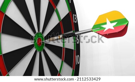 The dart with the image of the flag of Myanmar hits exactly the target. Sports or political achievements represented by the animation concept