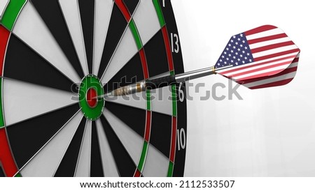 The dart with the image of the flag of USA hits exactly the target. Sports or political achievements represented by the animation concept