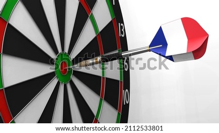 The dart with the image of the flag of France hits exactly the target. Sports or political achievements represented by the animation concept