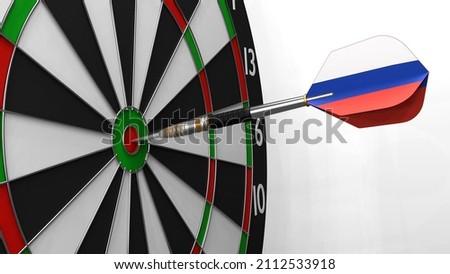 The dart with the image of the flag of Russia hits exactly the target. Sports or political achievements represented by the animation concept