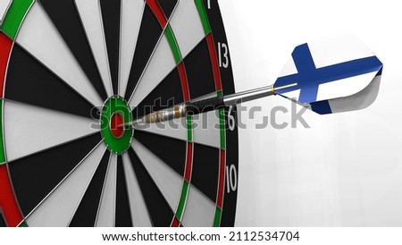 The dart with the image of the flag of Finland hits exactly the target. Sports or political achievements represented by the animation concept
