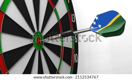 The dart with the image of the flag of Solomon Islands hits exactly the target. Sports or political achievements represented by the animation concept