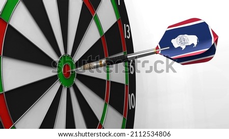 The dart with the image of the flag of Wyoming hits exactly the target. Sports or political achievements represented by the animation concept