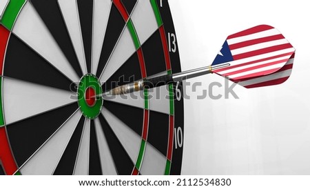 The dart with the image of the flag of Liberia hits exactly the target. Sports or political achievements represented by the animation concept