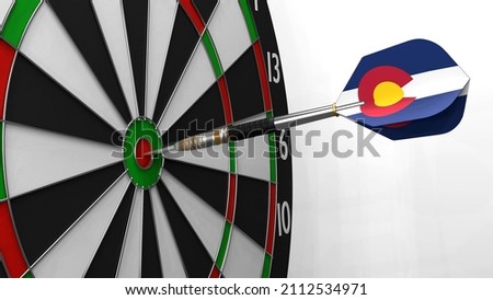 The dart with the image of the flag of Colorado hits exactly the target. Sports or political achievements represented by the animation concept