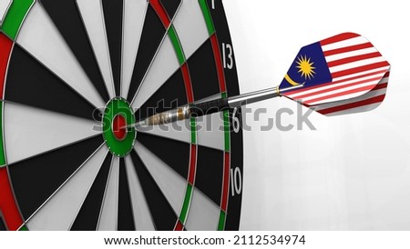 The dart with the image of the flag of Malaysia hits exactly the target. Sports or political achievements represented by the animation concept