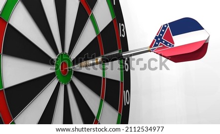 The dart with the image of the flag of Mississippi hits exactly the target. Sports or political achievements represented by the animation concept