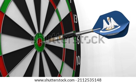 The dart with the image of the flag of Louisiana hits exactly the target. Sports or political achievements represented by the animation concept