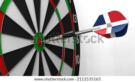 The dart with the image of the flag of Dominican Republic hits exactly the target. Sports or political achievements represented by the animation concept