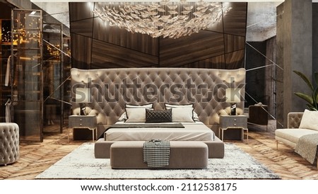 Luxury bedroom apartment design. 3D render. Interior visualization. Illustration. Royalty-Free Stock Photo #2112538175
