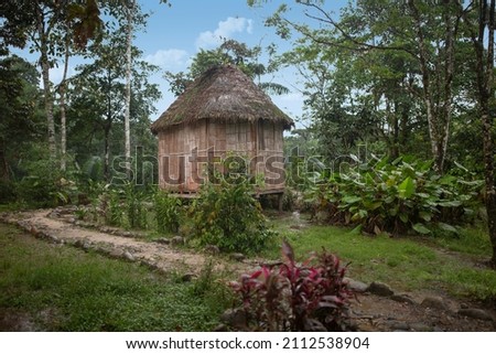 Jungle hut in the Amazonia, surrounded by trees, rivers, tropical climate, wild animals, rain in the forest, indigenous people's dwellings, Tena, Ecuador Royalty-Free Stock Photo #2112538904