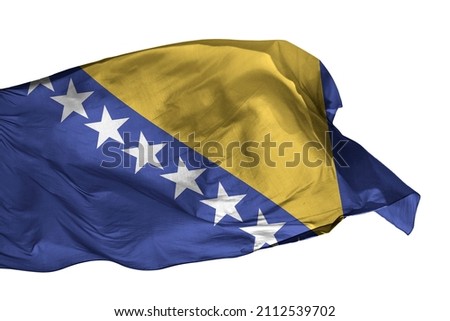 Bosnia and Herzegovina flag isolated on white background. Close up waving flag of Bosnia and Herzegovina. Flag of Bosnian. Royalty-Free Stock Photo #2112539702