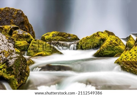 The water flows between the mossy stones of the stream.Cold creek mossy rocks. Green moss on cold creek rocks. River stream mossy rocks Royalty-Free Stock Photo #2112549386
