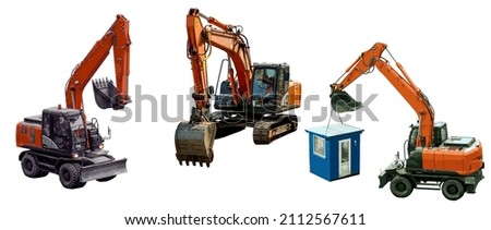 Set of excavators isolated on a white background. Wheeled and crawler excavators at work. Vector illustration.