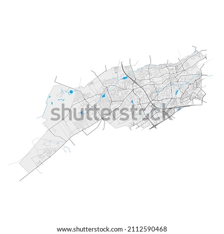 Pessac, Gironde, France high resolution vector map with city boundaries and editable paths. White outlines for main roads. Many detailed paths. Blue shapes and lines for water.