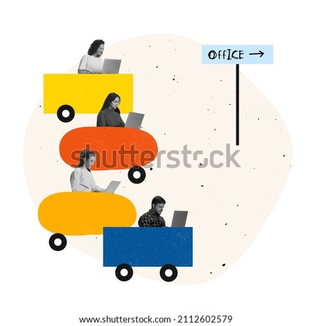 Contemporary art collage. Employees, office workers going to work by cars. Working with laptop on the way. Network support. Concept of business, deadlines, timetable, occupation