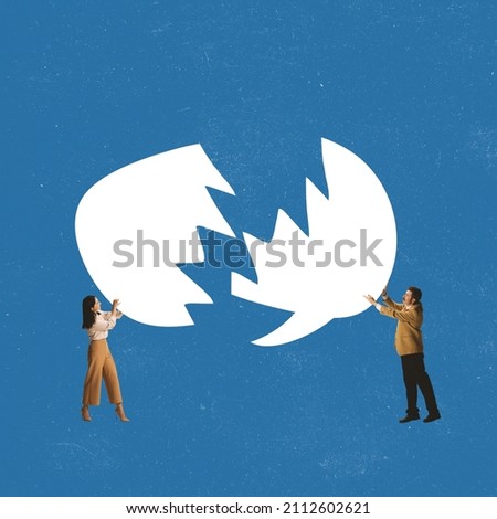 Contemporary art collage. Man and woman, employees connecting speech bubble symbolizing good communication. Managers cooperation. Concept of business, assistance, support, growth