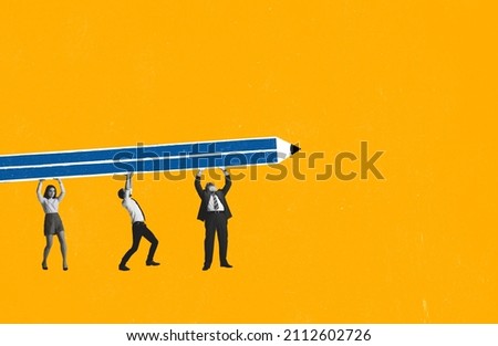 Contemporary art collage. Office workers, employees carrying huge pencil symbolizing successful teamwork, assistance and cooperation. Concept of business team, career growth, motvation