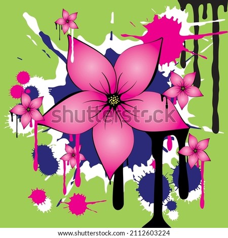 A decorative grunge and flower graffiti art. In the middle is a big pink flower with five petals. In the back are drippings and ink spots.