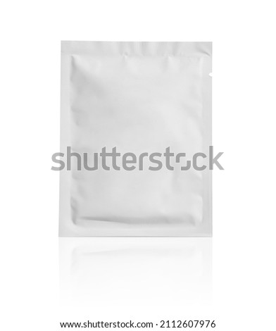 Blank white aluminium foil plastic pouch bag sachet packaging mockup isolated on white background