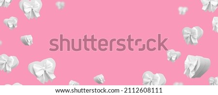Banner with flying white heart shaped gift boxes isolated on pink background. Creative white day greeting card or banner