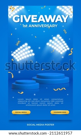 Giveaway anniversary contest invitation social media story template with 3d podium on blue background Royalty-Free Stock Photo #2112611957