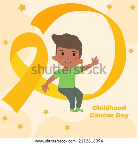 Illustration of a boy who sits on a yellow ribbon in support of childhood cancer
